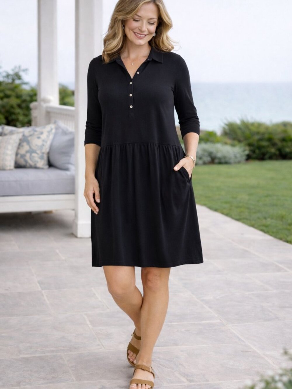 J Jill Black Shirt Dress Large Collared Pockets Soft Knit Minimalist